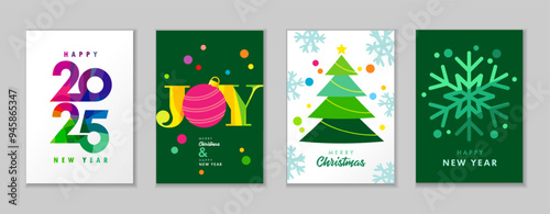 Colored greeting cards set for Merry Christmas and Happy New Year 2025. Colorful facet numbers 2025 with xmas tree, christmas ball and confetti for posters or business sale holiday design. Vector
