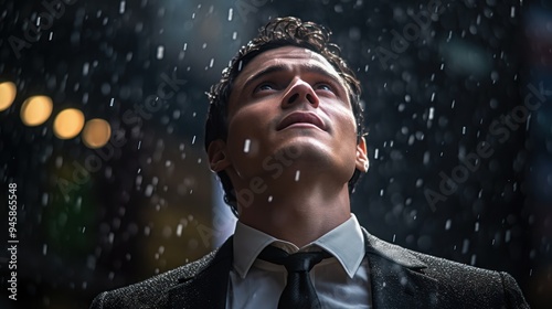 A businessman in a suit looking up at the sky, caught in a heavy rainstorm, 