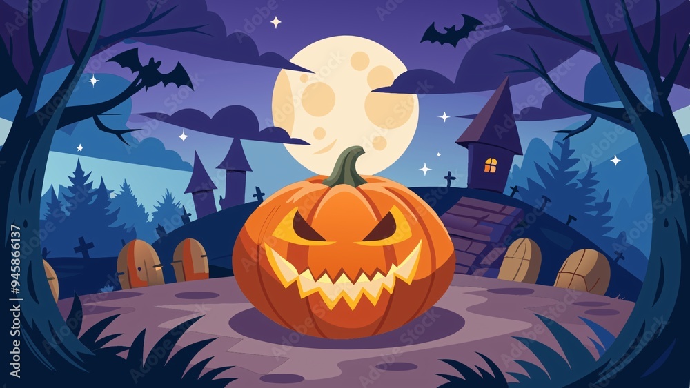 Spooky Halloween Pumpkin Silhouette Against Dark Autumn Night Spooky Halloween Pumpkin Silhouette Against Dark Autumn Night