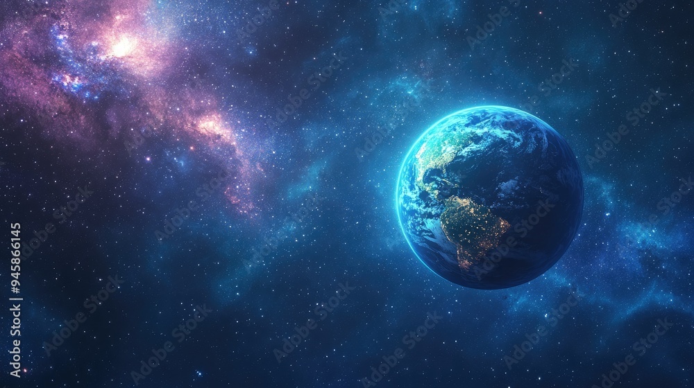 Obraz premium Starry sky with a glowing Planet Earth in the foreground, cosmic and awe-inspiring background.