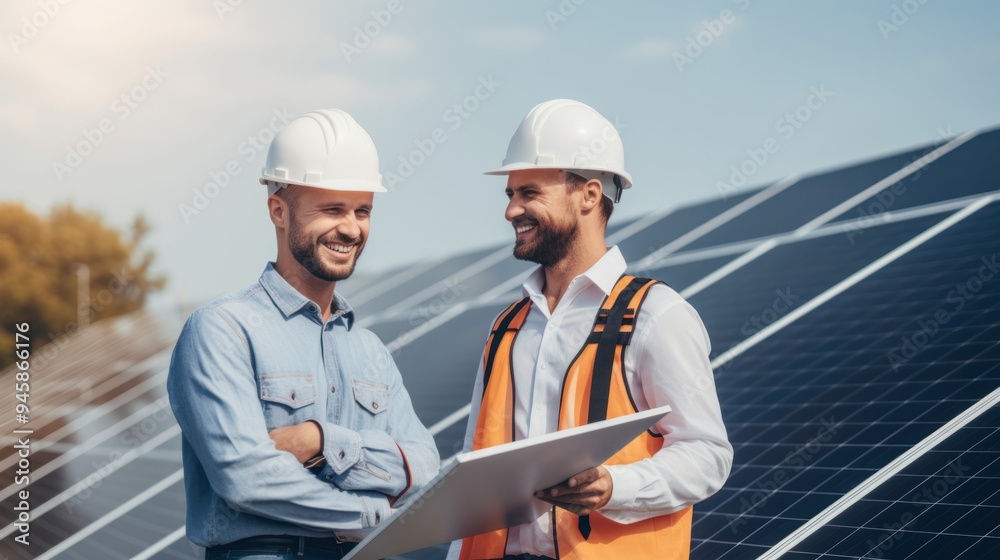 A casual businessman wearing jeans and a worker in white work clothes standing together near solar panels, A casual businessman wearing jeans and a worker in white work clothes standing together near solar panels,