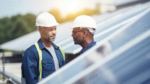 A casual businessman wearing jeans and a worker in white work clothes standing together near solar panels, 