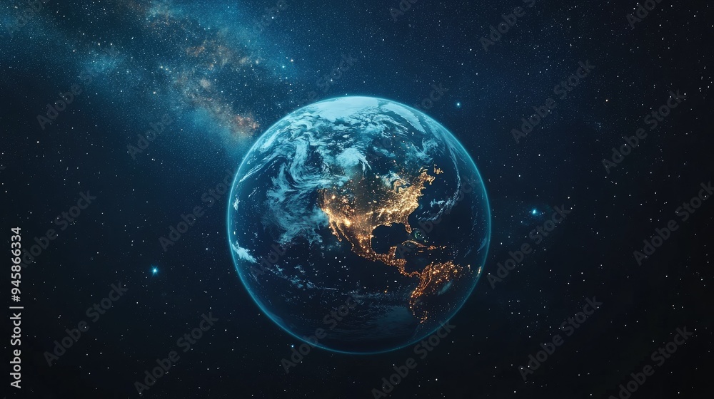 Starry sky with Earth glowing in the foreground, emphasizing the beauty of our planet. Starry sky with Earth glowing in the foreground, emphasizing the beauty of our planet.