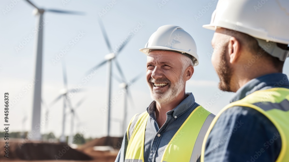 A casual businessman wearing jeans and a worker in white work clothes standing together near solar panels, A casual businessman wearing jeans and a worker in white work clothes standing together near solar panels,