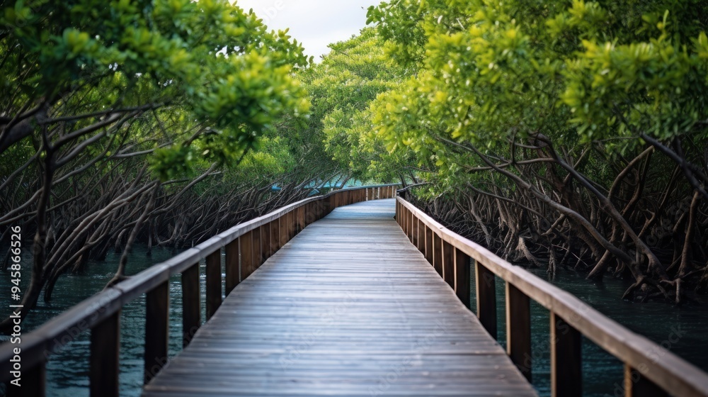 Obraz premium a wooden boardwalk leading through a lush mangrove forest