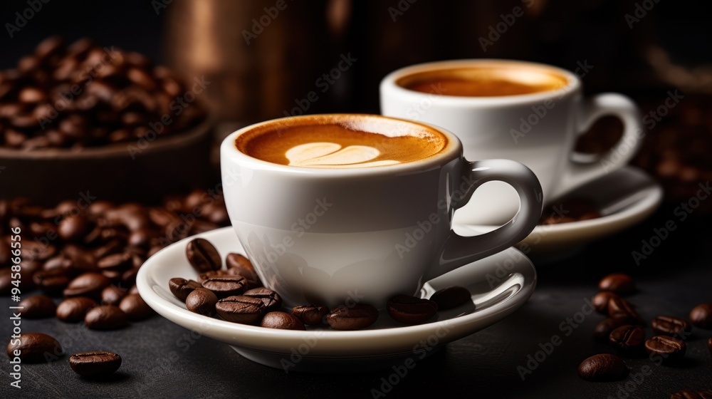 A cappuccino cup with a sprinkle of cocoa powder on top, A cappuccino cup with a sprinkle of cocoa powder on top,