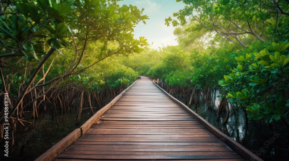 Fototapeta premium a wooden boardwalk leading through a lush mangrove forest 