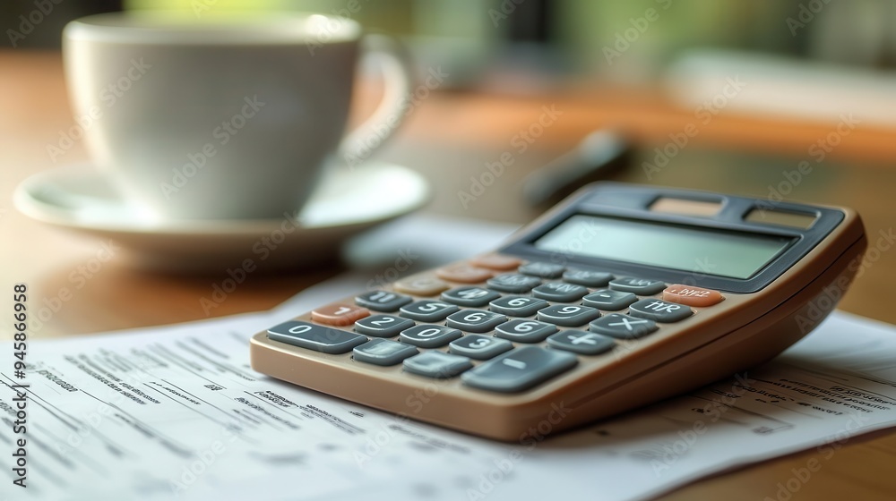 Calculator on a desk, with financial documents and a cup of coffee Calculator on a desk, with financial documents and a cup of coffee