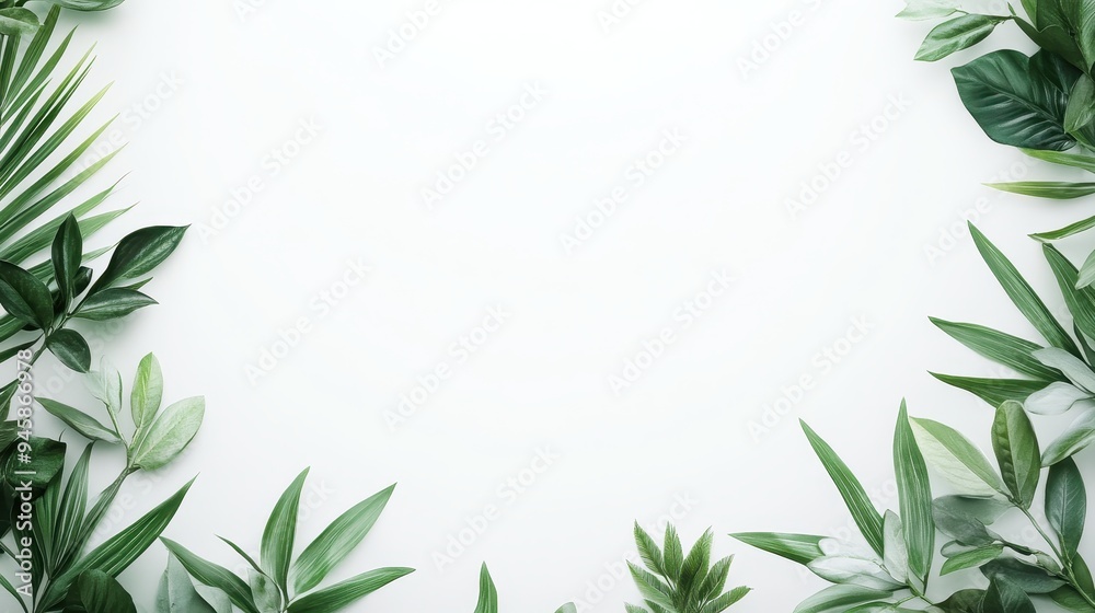 A collection of various green leaves arranged around a blank white space. A collection of various green leaves arranged around a blank white space.