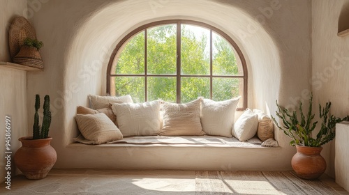 Stylish boho farmhouse interior with arched windows, decorated with pillows and artisanal clay pots, creating a unique and homely atmosphere.