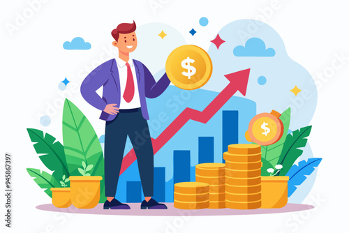 Investment growth compound interest, capital gain profit or wealth accumulation, increase pension fund or revenue, financial success, increase deposit value concept, businessman increase money stack
