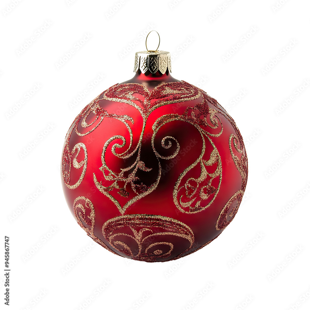 Red Christmas ornament with golden glitter swirls, isolated on transparent cutout background Red Christmas ornament with golden glitter swirls, isolated on transparent cutout background