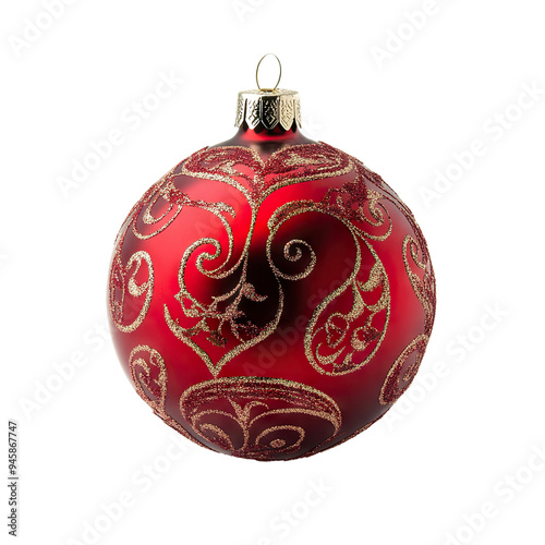 Red Christmas ornament with golden glitter swirls, isolated on transparent cutout background