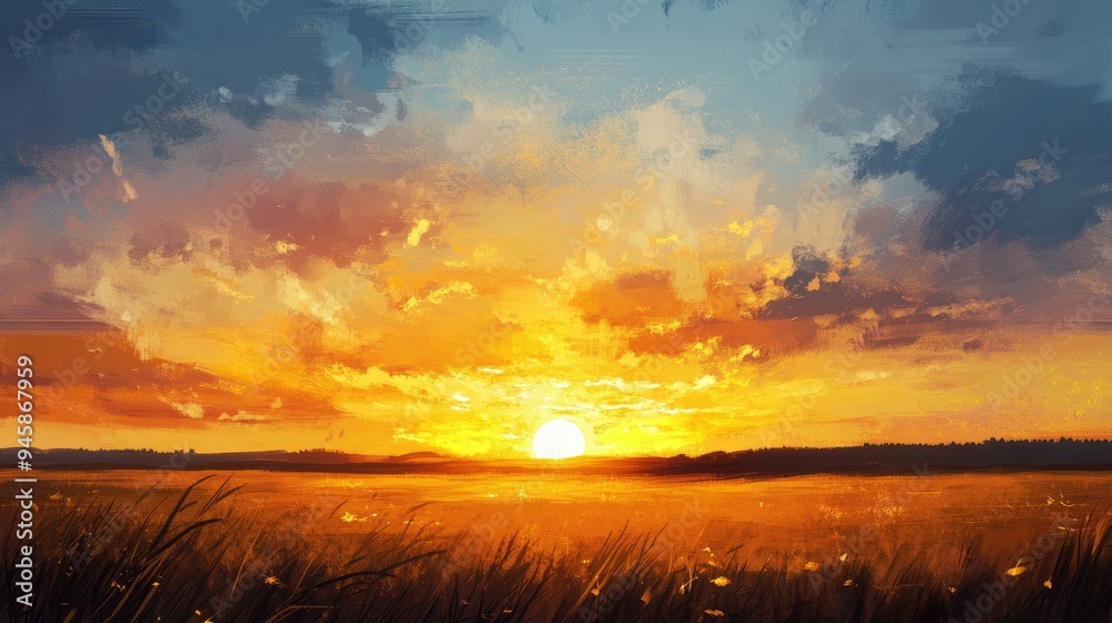 Sun setting behind the landscape, painting the sky in warm tones for a tranquil background. Sun setting behind the landscape, painting the sky in warm tones for a tranquil background.