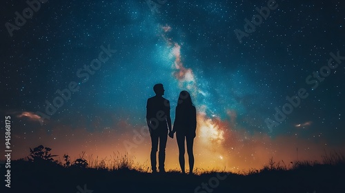 Silhouette of Couple Under Starry Night Sky.