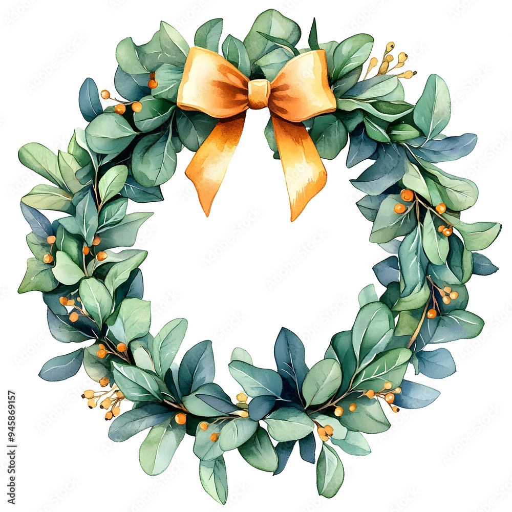 Fototapeta premium Watercolor Eucalyptus Wreath with Orange Bow.