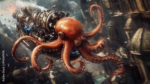 A steampunk octopus riding in a miniature submarine, its tentacles controlling the controls, photo