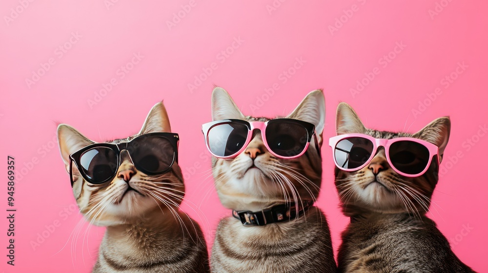 Trendy cats with sunglasses on a bright pink backdrop, exuding cool vibes and playful energy. Trendy cats with sunglasses on a bright pink backdrop, exuding cool vibes and playful energy.