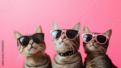 Trendy cats with sunglasses on a bright pink backdrop, exuding cool vibes and playful energy.