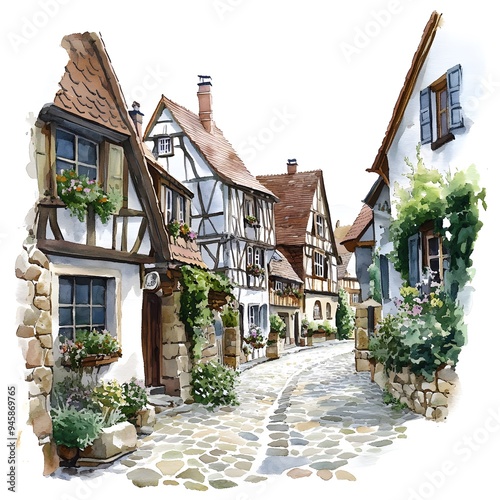 Fototapeta Naklejka Na Ścianę i Meble -  Watercolor Painting of a European Village Street.