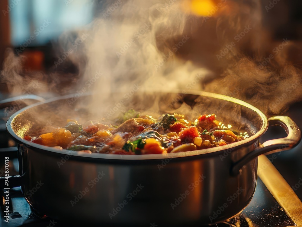 Cooking pot simmering on the stove, with rich aromas and warmth Cooking pot simmering on the stove, with rich aromas and warmth