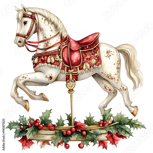 Watercolor Christmas Rocking Horse with Holly photo