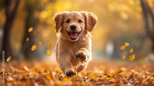 A Joyful Puppy Running Through Colorful Autumn Leaves photo