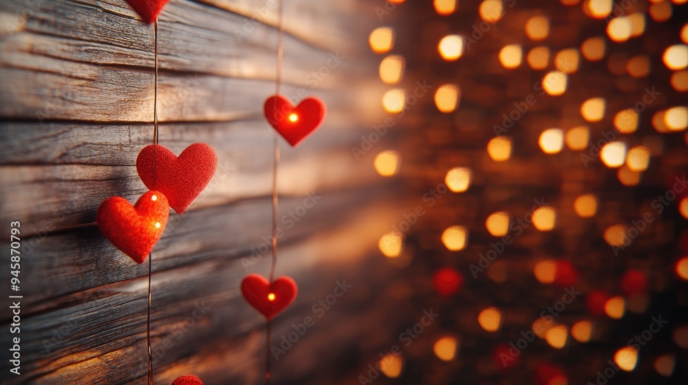 Valentine's Day background with red hearts, warm bokeh lights, and a wooden texture, with room for text. Valentine's Day background with red hearts, warm bokeh lights, and a wooden texture, with room for text.