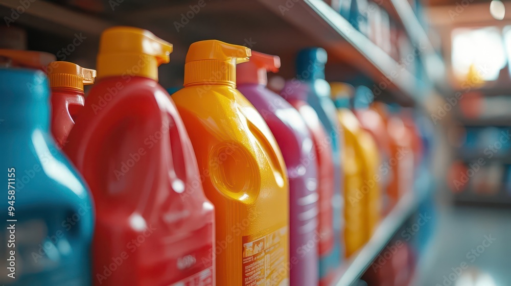 Detergent bottle on a laundry shelf, ready for the next load Detergent bottle on a laundry shelf, ready for the next load