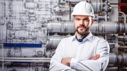 A male engineer standing confidently with arms crossed, 