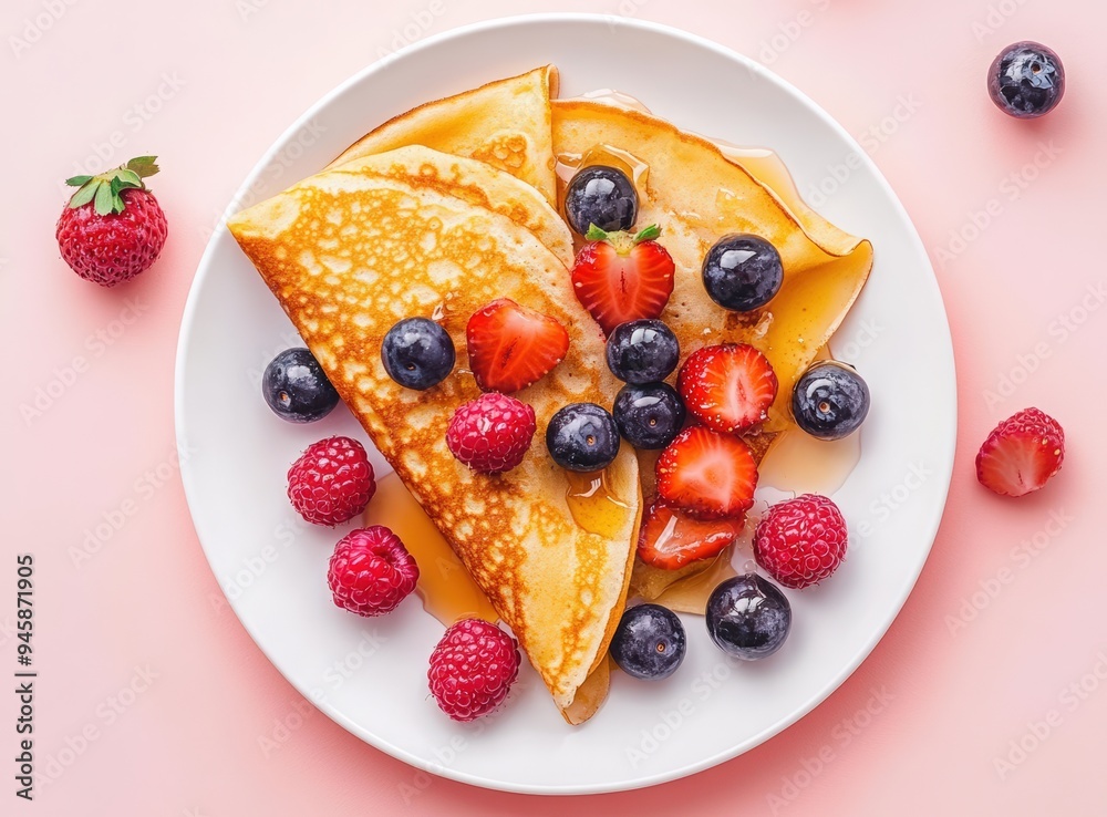 National Dessert Day. Top view of crepes with fresh blueberries and strawberries on a white plate, a honey pot next to it, pastel background. Delicious traditional Russian blini for Easter National Dessert Day. Top view of crepes with fresh blueberries and strawberries on a white plate, a honey pot next to it, pastel background. Delicious traditional Russian blini for Easter