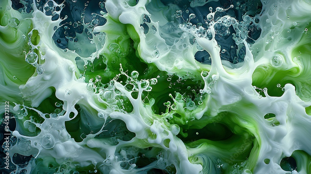 A painting of vibrant green and white swirls and bubbles on a dark canvas, set against the backdrop of a captivating blue sky A painting of vibrant green and white swirls and bubbles on a dark canvas, set against the backdrop of a captivating blue sky