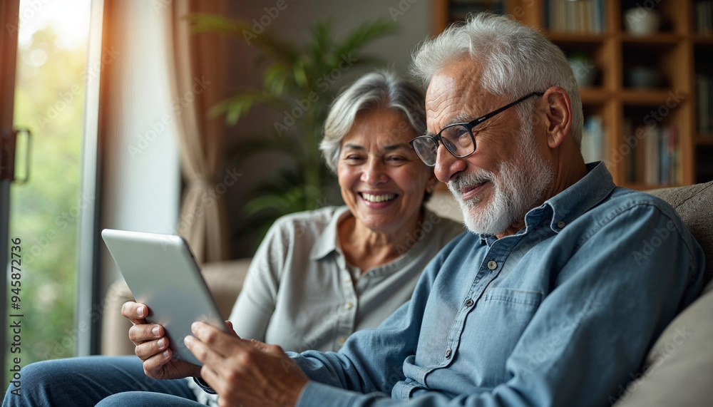 Indian/Asian Senior couple video chatting on tablet/computer while sitting at couch or in garden at home, selective focus, couple use mobile Indian/Asian Senior couple video chatting on tablet/computer while sitting at couch or in garden at home, selective focus, couple use mobile
