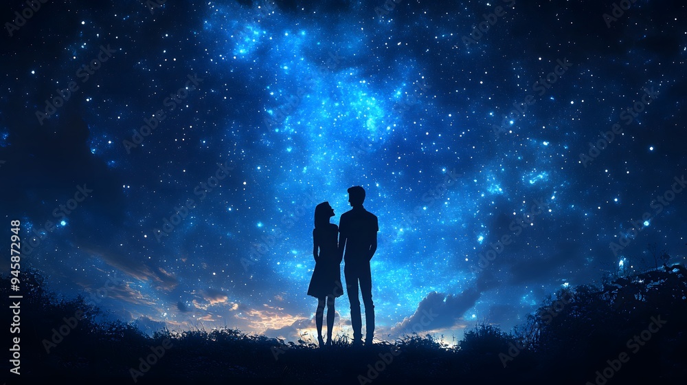 Couple Silhouettes Under Starry Night Sky. Couple Silhouettes Under Starry Night Sky.
