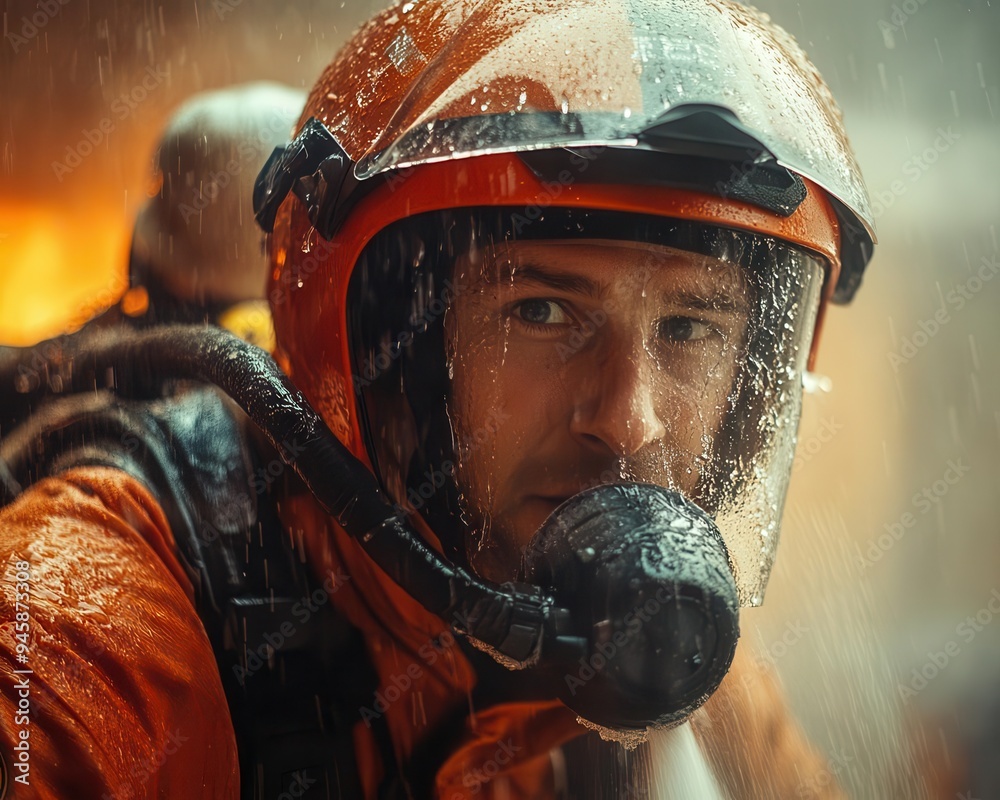 Obraz premium Firefighter with a helmet spraying water from a hose during a fire drill, with determination
