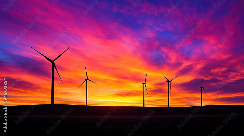 Wind turbines silhouetted against a vibrant sunset, with the sky painted in shades of orange, pink, and purple. A perfect backdrop for an eco-themed wallpaper. Wind turbines silhouetted against a vibrant sunset, with the sky painted in shades of orange, pink, and purple. A perfect backdrop for an eco-themed wallpaper.