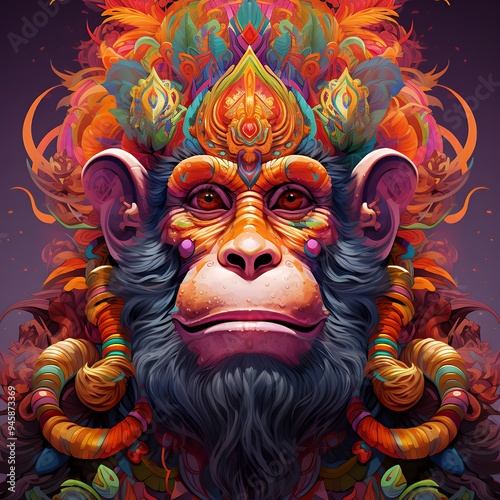 A vibrant, stylized monkey with ornate decorations and colors.