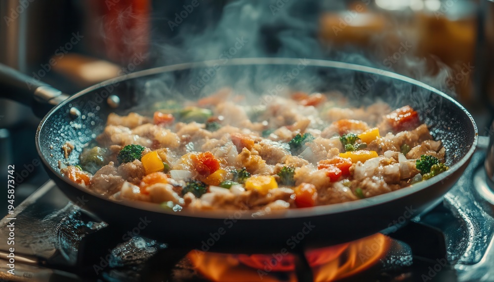 Frying pan sizzling with food, on a stovetop with vibrant ingredients Frying pan sizzling with food, on a stovetop with vibrant ingredients