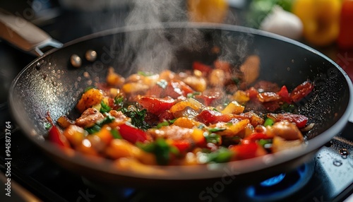 Frying pan sizzling with food, on a stovetop with vibrant ingredients