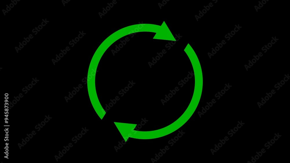Two circle symbol with green rotating arrow isolated on black background. Melambangkan ulang, menyegarkan. Elemen video web, aplikasi Two circle symbol with green rotating arrow isolated on black background. Melambangkan ulang, menyegarkan. Elemen video web, aplikasi