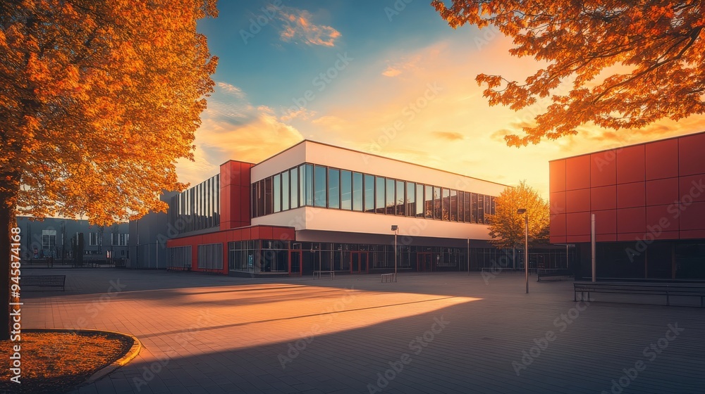 Obraz premium Modern school building in golden-hour lighting with geometric design