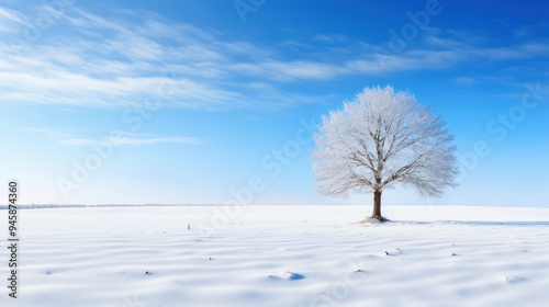 A snowy landscape with a single tree standing alone 