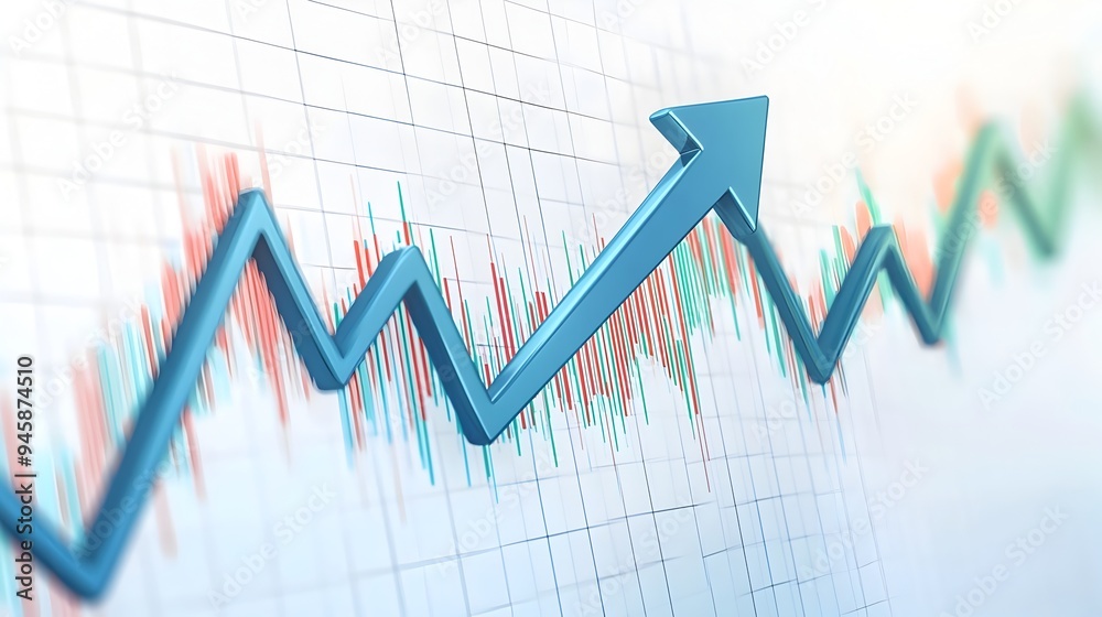 Upward Blue Arrow Pointing on Business Graph Line with Green and Red Trends Upward Blue Arrow Pointing on Business Graph Line with Green and Red Trends