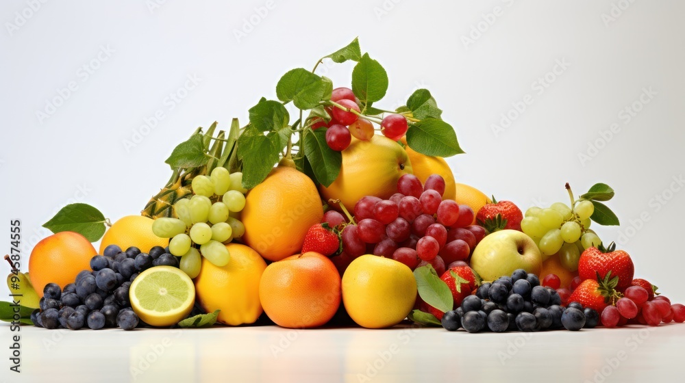 fresh fruit arranged artistically against a simple white background 