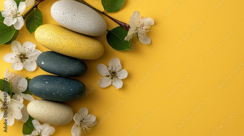 Zen stones in various colors, balanced with flowers on a gentle yellow background, symbolizing peace. Zen stones in various colors, balanced with flowers on a gentle yellow background, symbolizing peace.