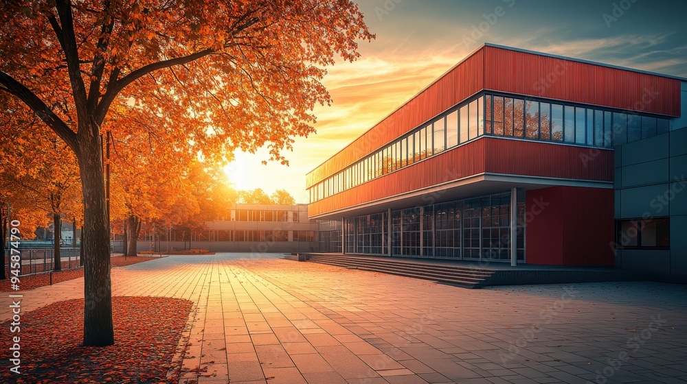 Modern school building in golden-hour lighting with geometric design Modern school building in golden-hour lighting with geometric design