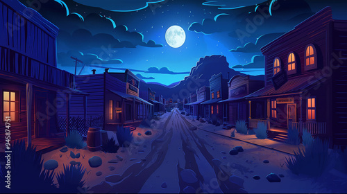 The Night wild west city street with old wooden houses, game background, Illustration