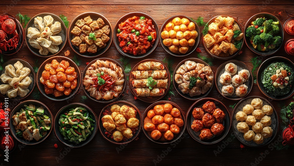 Fototapeta premium A table full of Chinese dishes, including dumplings and various vegetable stir-fries.