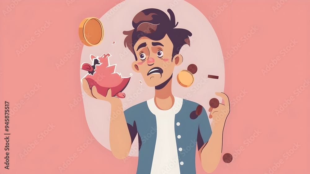 Disappointed Millennial Holding Broken Piggy Bank with Scattered Coins Disappointed Millennial Holding Broken Piggy Bank with Scattered Coins