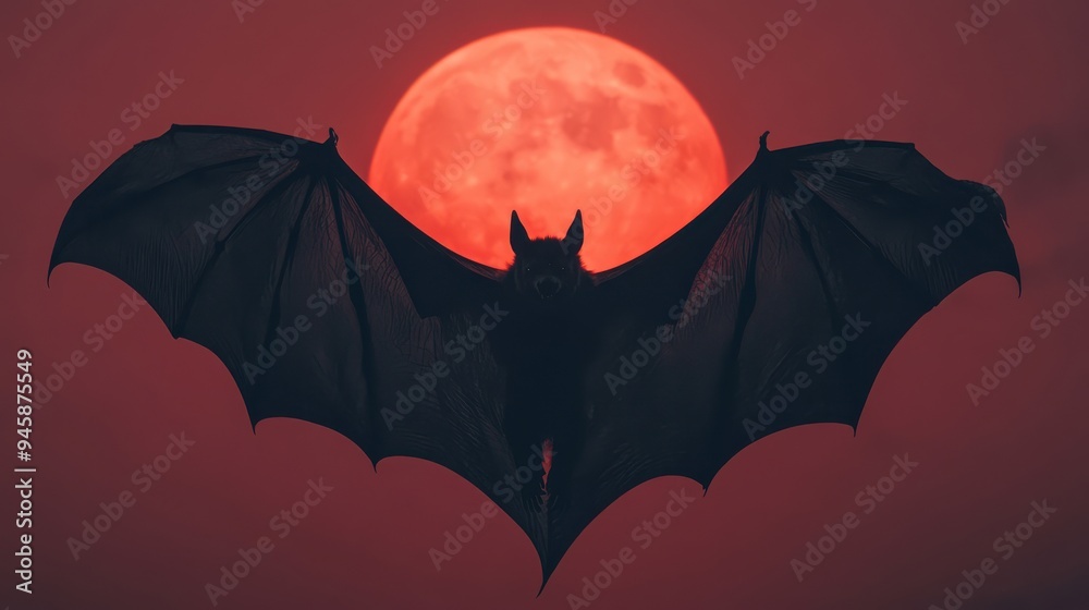 Fototapeta premium Silhouette of Bat Flying Against Full Red Moon in Night Sky..